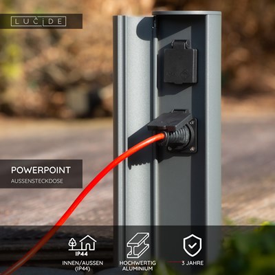 Lucide POWERPOINT - Steckdosensäule für den Außenbereich - Steckdose mit Erdungsstift - Typ F - EUR/RUS-Norm - Ø 10 cm - IP44 - Anthrazit